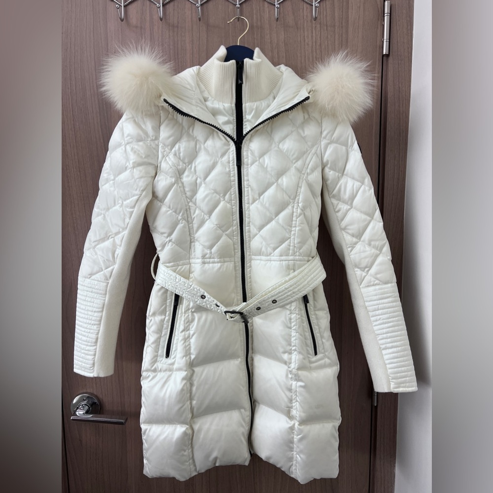 BCBGMAXAZRIA Pearl White Quilted Coat With Fox Trim NWOT